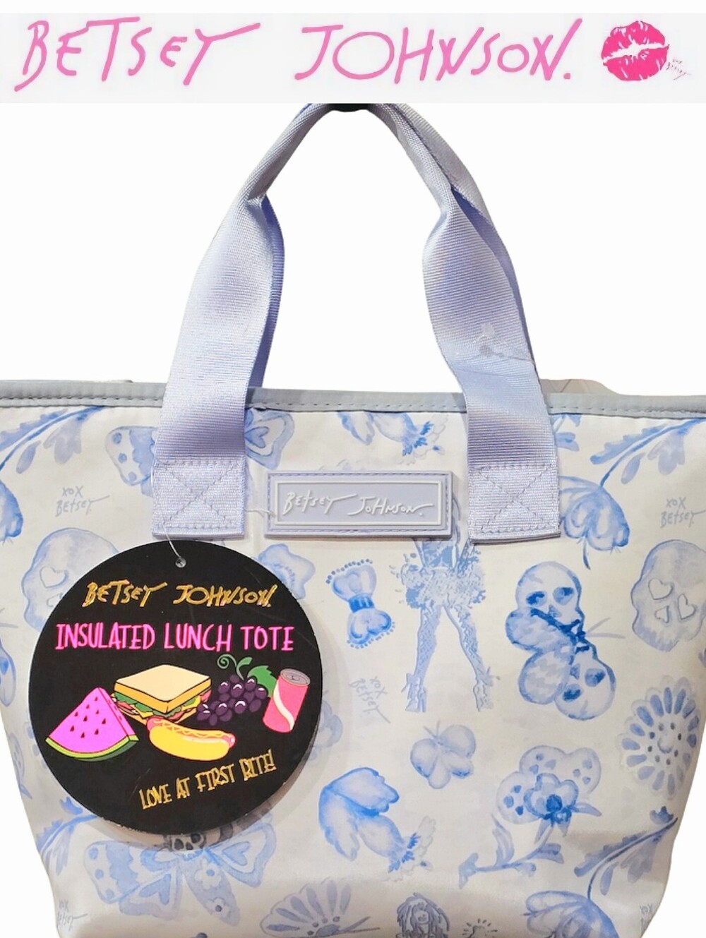 Betsey Johnson Floral Dragonflies & Skulls Insulated Top Handle Lunch Tote Bag
